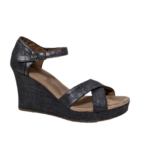 TOMS Metallic Denim Strappy Wedge Heels 12 - Picture 1 of 12